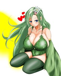  1990s_(style) 1girl bare_shoulders blue_eyes breasts cleavage curvy detached_sleeves female_focus final_fantasy final_fantasy_iv flower full_body gradient_background green_hair hair_ornament heart huge_breasts kneeling long_hair no_pants ponzu_yuki retro_artstyle rydia_(ff4) sitting solo thighhighs white_background  rating:Sensitive score:51 user:Xander