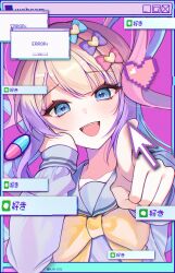  1girl :d absurdres blonde_hair blue_eyes blue_hair blue_sailor_collar blue_shirt bow chouzetsusaikawa_tenshi-chan commentary_request cursor error_message fourth_wall head_tilt highres long_sleeves multicolored_hair needy_girl_overdose open_mouth pink_hair pixelated puffy_long_sleeves puffy_sleeves purple_hair rin_(ryne_0303) sailor_collar school_uniform serafuku shirt smile solo translation_request twitter_username two-tone_hair upper_body window_(computing) yellow_bow 