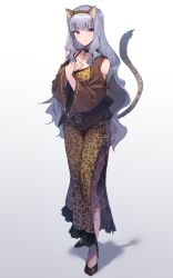  1girl animal_ear_hairband animal_ears animal_print breasts collar dress earrings fake_animal_ears fake_tail full_body grey_hair grin hairband hands_on_own_chest highres idolmaster idolmaster_(classic) jewelry large_breasts leopard_print long_hair looking_at_viewer midnamana pink_eyes shijou_takane side_slit smile solo standing tail 