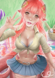  10s 1girl absurdres blue_skirt bra breasts cleavage cowboy_shot front-tie_top geleebroetchen grass hair_ornament hairclip highres lamia long_hair midriff miia_(monster_musume) monster_girl monster_musume_no_iru_nichijou navel parted_lips picnic picnic_basket pointy_ears realistic red_hair scales shirt signature skirt solo tied_shirt underwear very_long_hair yellow_eyes  rating:Sensitive score:25 user:danbooru