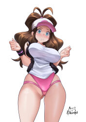  1girl achromaru alternate_breast_size antenna_hair bare_arms bare_shoulders baseball_cap big_hair bikini bikini_bottom_only blue_eyes blush breasts brown_hair creatures_(company) embarrassed game_freak gluteal_fold hands_up hat highres hilda_(pokemon) impossible_clothes impossible_shirt large_breasts long_hair nintendo no_pants nose_blush open_clothes open_vest parted_lips pokemon pokemon_bw raised_eyebrow shirt sleeveless sleeveless_shirt solo surprised sweat swimsuit vest white_shirt wristband 