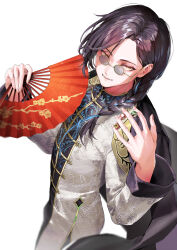  1boy :d absurdres balcony black_hair blue_hair braid brown_eyes chinese_clothes hand_fan highres holding holding_fan kuroi_suna long_hair looking_at_viewer male_focus multicolored_hair nijisanji open_mouth paper_fan shellin_burgundy simple_background smile solo sunglasses two-tone_hair virtual_youtuber white_background 