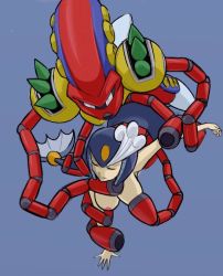 1boy 1girl android armor armpits blue_background breast_sucking breasts capcom closed_eyes hanging_breasts helmet hetero large_breasts launch_octopus_(mega_man) looking_at_another mega_man_(classic) mega_man_(series) mega_man_9 mega_man_x1 mega_man_x_(series) mermaid monster_girl nude outstretched_arm parted_lips rape restrained robot simple_background spikes splash_woman tail tentacles white_eyes rating:Questionable score:25 user:danbooru