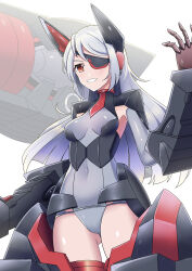  1girl absurdres blush breasts covered_navel cowboy_shot eyepatch grey_hair grey_leotard headgear highres infinite_stratos laura_bodewig leotard long_hair looking_at_viewer mecha_musume mechanical_arms medium_breasts pilot_suit red_eyes shiny_skin simple_background smile solo standing sudhiro_sappurisa white_background 