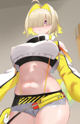 1girl ahoge black_gloves black_sports_bra blonde_hair blush breasts closed_mouth clothing_cutout crop_top cropped_sweater elegg_(nikke) exposed_pocket gloves goddess_of_victory:_nikke grey_shorts hair_intakes hair_over_eyes large_breasts long_bangs long_sleeves looking_at_viewer marchkun03 micro_shorts midriff multicolored_clothes multicolored_gloves multicolored_hair navel purple_eyes short_hair shorts shoulder_cutout smile solo sports_bra suspender_shorts suspenders two-tone_hair yellow_gloves