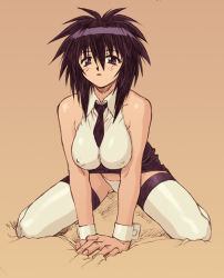  1990s_(style) 1girl alternate_legwear bare_shoulders black_hair breasts cuffs covered_erect_nipples kneeling large_breasts melfina melfina_(outlaw_star) mogudan necktie open_mouth outlaw_star panties solo thighhighs underwear white_panties wrist_cuffs  rating:Questionable score:75 user:danbooru