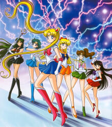  1990s_(style) 6+girls aino_minako ankle_boots back_bow bare_legs bishoujo_senshi_sailor_moon bishoujo_senshi_sailor_moon_r black_choker black_footwear black_hair black_sailor_collar black_skirt blonde_hair blue_background blue_bow blue_choker blue_eyes blue_footwear blue_hair blue_sailor_collar blue_skirt boots bow brooch brown_bow brown_hair choker circlet clenched_hands collarbone derivative_work double_bun earrings elbow_gloves full_body garnet_rod gloves green_choker green_eyes green_footwear green_hair green_sailor_collar green_skirt hair_bobbles hair_bow hair_bun hair_ornament hairpin high_heels high_ponytail highres hino_rei holding holding_staff jewelry kino_makoto knee_boots legs_apart legs_together light_particles lightning long_hair magical_girl marco_albiero meiou_setsuna mizuno_ami multiple_girls orange_choker orange_footwear orange_sailor_collar orange_skirt parted_lips pink_bow pleated_skirt purple_bow purple_eyes red_bow red_choker red_eyes red_footwear red_sailor_collar red_skirt retro_artstyle sailor_collar sailor_jupiter sailor_mars sailor_mercury sailor_moon sailor_pluto sailor_senshi sailor_senshi_uniform sailor_venus serious shoes short_hair single_hair_bun skirt staff standing standing_on_one_leg star_(symbol) star_earrings tsukino_usagi twintails white_gloves 