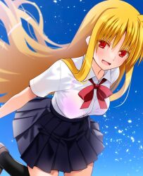  1girl blonde_hair blue_background blush bra bra_visible_through_clothes breasts engo_(aquawatery) fate_testarossa large_breasts long_hair looking_at_viewer lyrical_nanoha mahou_shoujo_lyrical_nanoha_strikers open_mouth pink_bra red_eyes school_uniform see-through shirt simple_background smile solo underwear white_shirt  rating:Sensitive score:10 user:danbooru