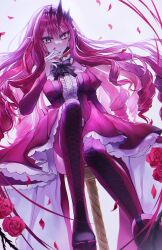  1girl baobhan_sith_(fate) baobhan_sith_(first_ascension)_(fate) bare_shoulders boots breasts detached_sleeves dress drill_hair falling_petals fate/grand_order fate_(series) flower frilled_dress frills full_body grey_eyes hair_ornament hand_up high_heel_boots high_heels highres long_hair looking_at_viewer nail_polish nyari1028 petals pink_dress pink_hair pointy_ears red_flower red_nails sidelocks sitting smile solo thigh_boots white_background  rating:Sensitive score:3 user:danbooru