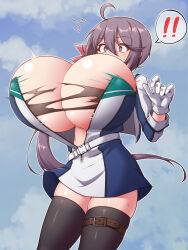  ! !! 1girl ahoge akebono_(kancolle) akebono_(race_queen_mode)_(kancolle) alternate_breast_size bandeau black_thighhighs blue_dress blue_sky breast_expansion breasts bursting_breasts cloud commentary_request commission dress fang flower gloves grey_bandeau grey_hair hair_flower hair_ornament highres huge_breasts kantai_collection long_hair open_clothes pixiv_commission race_queen short_dress side_ponytail sky solo spoken_exclamation_mark thighhighs white_gloves yuki_to_hana 