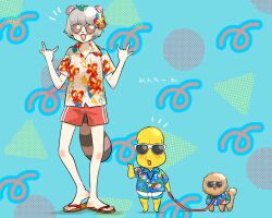  1boy 1girl :3 \m/ alternate_costume animal_ears animal_nose bald barefoot blue_background blue_shirt blue_shorts blush circle colored_skin commentary_request dog facing_viewer flip-flops flower full_body gym_shorts hair_flower hair_ornament hand_up hands_up hawaiian_shirt heel_up height_difference highres holding holding_leash leaf leaf_on_head leash mode_aim no_socks notice_lines ohitori_(o_hitori_sama_1) open_mouth patterned_background peanuts-kun pet_walking ponpoko_(vtuber) raccoon_ears raccoon_girl raccoon_tail red_shorts sandals shirt short_sleeves shorts side-by-side smile standing starfish_pendant sunglasses tail translation_request triangle virtual_youtuber white_shirt yellow_skin 