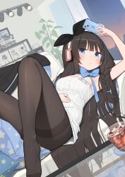  1girl azur_lane blue_eyes blush braid brown_hair commentary_request couch dress expressionless headphones highres holding holding_phone indoors jacket knees_up long_hair long_island_(azur_lane) long_island_(ghostly_receptionist)_(azur_lane) looking_at_viewer lying on_back on_couch pantyhose phone single_braid solo spread_legs star_(symbol) star_print staring strapless strapless_dress striped_clothes striped_dress thighs unworn_jacket vertical-striped_clothes vertical-striped_dress very_long_hair white_dress white_jacket yohia 