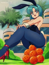 1girl :d animal_ears bare_shoulders black_leotard blue_eyes blue_hair blue_pantyhose bluethebone bow bowtie breasts building bulma day detached_collar dragon_ball dragon_ball_(object) fake_animal_ears full_body high_heels highres leotard medium_breasts open_mouth outdoors palm_tree pantyhose patreon_username playboy_bunny rabbit_ears rabbit_tail red_bow red_bowtie red_footwear retro_artstyle short_hair smile solo strapless strapless_leotard strappy_heels teeth toei_animation tree upper_teeth_only wrist_cuffs rating:Sensitive score:175 user:danbooru