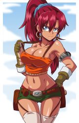  1girl armpit_peek bellows_(suisei_no_gargantia) blue_eyes breasts cleavage clothes_pull earrings hand_on_own_hip highres hoop_earrings jewelry large_breasts legs long_hair midriff navel ponytail red_hair shirt shorts sleeveless sleeveless_shirt smile solo suisei_no_gargantia teasing thighs thong 
