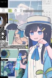  1girl alternate_hairstyle baseball_cap black_hair black_shirt blue_eyes blue_hair blue_ribbon blue_shawl boater_hat bottle brooch cellphone cevio character_name collage_background collared_dress colored_inner_hair controller dress flower futaba_minato game_controller glass_bottle glasses hair_ornament hair_over_one_eye hair_over_shoulder hairclip hand_up hat highres holding holding_bottle holding_controller holding_game_controller holding_phone jewelry long_hair looking_at_viewer low_twintails multicolored_hair multiple_views neck_ribbon one_eye_covered open_mouth outline phone plant_on_head ramune ribbon shawl shirt sleeveless sleeveless_dress sleeveless_shirt smartphone smartwatch smile sprout standing sun_hat sunflower tachi-e tasese translation_request twintails watch white_outline wiping_sweat wristwatch 