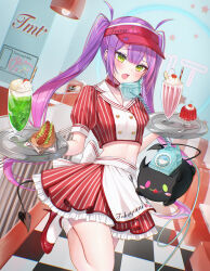  1girl absurdres alternate_costume antique_phone apron bibi_(tokoyami_towa) blush blush_stickers buttons cable character_name checkered_floor cherry choker coiled_cord collared_shirt commentary corded_phone cradling_phone creature cropped_shirt demon_tail dessert double-breasted double-parted_bangs drink drinking_straw ear_piercing earclip earrings food frilled_skirt frills fruit gelatin glass_bottle hair_ornament hairclip hat heart_button high_heels highres holding holding_tray hololive hot_dog ice ice_cream ice_cube indoors jewelry long_hair looking_at_viewer midriff miniskirt multicolored_hair open_mouth phone piercing pink_eyes puffy_short_sleeves puffy_sleeves purple_hair red_choker red_footwear red_hat rotary_phone runlan_0329 sausage shirt short_sleeves sidelocks skirt socks solo spoon standing standing_on_one_leg streaked_hair striped_clothes striped_shirt striped_skirt sundae tail tail_ornament tail_ring talking_on_phone tokoyami_towa tray twintails two-tone_hair vertical-striped_clothes vertical-striped_shirt vertical-striped_skirt very_long_hair virtual_youtuber visor_cap whipped_cream white_apron white_socks 