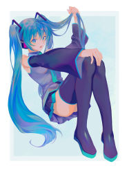 1girl absurdres aqua_eyes aqua_hair aqua_necktie bare_shoulders black_skirt black_sleeves black_thighhighs boots commentary detached_sleeves grey_shirt hair_ornament hand_on_knees hand_up hatsune_miku headphones highres holding holding_own_hair knees_up long_hair looking_at_viewer miniskirt necktie open_mouth pleated_skirt sei_(_mo1008) shirt sitting skirt sleeveless sleeveless_shirt solo thigh_boots thighhighs twintails very_long_hair vocaloid rating:Sensitive score:5 user:danbooru
