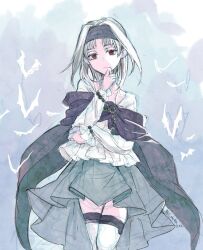  1girl bat_(animal) cape closed_mouth dress gensou_suikoden gensou_suikogaiden hairband jewelry long_hair long_sleeves looking_at_viewer red_eyes saneatsu sierra_mikain skirt solo thighhighs white_hair 