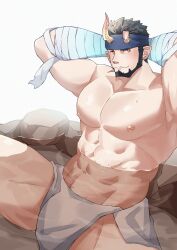  1boy arms_behind_head bandaged_arm bandages bara beard black_hair broken_horn demon_boy demon_horns facial_hair full_beard horns large_pectorals live_a_hero looking_at_viewer male_focus mature_male muscular muscular_male nessen_(live_a_hero) onsen partially_submerged pectorals poteto02888292 seductive_smile short_hair sitting smile solo spread_legs strongman_waist thick_eyebrows thick_thighs thighs topless_male wet 