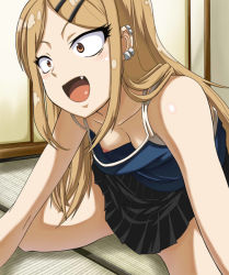 10s 1girl accidental_exposure blush breasts brown_eyes brown_hair dagashi_kashi downblouse earrings endou_saya fang hair_ornament hairclip hanging_breasts hetare_(hetare013) jewelry leaning_forward long_hair nipples no_bra open_mouth small_breasts smile solo rating:Questionable score:135 user:Qwertyuiop999