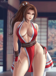 1girl architecture breasts brown_eyes brown_hair cleavage cowboy_shot east_asian_architecture fatal_fury female_focus flowerxl hands_on_own_hips high_ponytail large_breasts long_hair matching_hair/eyes ninja pelvic_curtain ponytail revealing_clothes shiranui_mai smile snk solo standing the_king_of_fighters thighs wide_hips rating:Sensitive score:68 user:danbooru