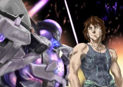 1boy ares_(xenoblade_x) armor bandaid bandaid_on_face bare_shoulders black_knight_(xenoblade_x) brown_hair fire floating frown ghost_(xenoblade_x) glowing green_eyes looking_to_the_side momomoxeno ship short_hair skell_(xenoblade_x) space spacecraft standing tank_top watercraft xeno_(series) xenoblade_chronicles_(series) xenoblade_chronicles_x