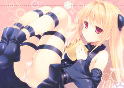  1girl :&lt; bare_shoulders blonde_hair blush book boots detached_sleeves hair_intakes hair_ornament konjiki_no_yami long_hair looking_at_viewer panties red_eyes solo takei_ooki thigh_strap to_love-ru twintails two_side_up underwear very_long_hair  rating:Questionable score:35 user:danbooru