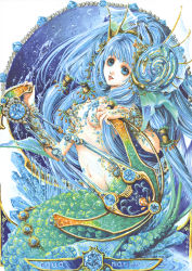  1girl absurdres blue_eyes blue_hair fins head_fins highres long_hair matching_hair/eyes mermaid monster_girl nao_tsukiji scales smile solo water 