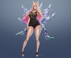 1girl ahri_(league_of_legends) animal_ears blonde_hair breasts cleavage commission crystal fox_ears fox_girl hand_on_own_hip highres jersey k/da_(league_of_legends) k/da_ahri lipstick long_legs looking_at_viewer mad_kimo makeup navel parted_bangs parted_lips pink_hair red_eyes shoes short_shorts shorts sneakers solo tank_top  rating:Sensitive score:68 user:danbooru