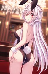  1girl absurdres ahoge animal_ears ass bare_shoulders black_hairband black_leotard blurry blurry_background blush breasts closed_mouth depth_of_field from_behind grey_hair hair_between_eyes hair_flaps hairband hand_on_own_ass highres indoors leotard long_hair looking_at_viewer looking_back medium_breasts murasame_shia original playboy_bunny rabbit_ears rabbit_tail red_eyes smile solo strapless strapless_leotard tail very_long_hair wrist_cuffs zipper zipper_pull_tab 