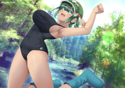  1girl alternate_costume armpits black_one-piece_swimsuit blue_eyes blue_footwear blue_hair blush boots breasts commentary_request day flat_cap full_body green_hat hair_between_eyes hair_bobbles hair_ornament hat highres jumping kagiyama_shachou kawashiro_nitori large_breasts looking_at_viewer medium_hair one-piece_swimsuit open_mouth outdoors river rubber_boots school_swimsuit sideboob sidelocks skindentation smile solo swimsuit touhou tree two_side_up water water_drop 