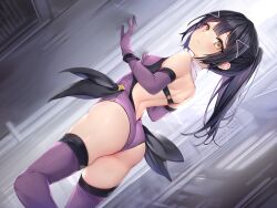  1girl absurdres against_wall alley ass back backless_leotard bare_shoulders black_hair blush breasts cosplay cowboy_shot elbow_gloves fate/kaleid_liner_prisma_illya fate_(series) gloves hair_ornament hairclip haishiki highres leotard long_hair looking_at_viewer looking_back miyu_edelfelt miyu_edelfelt_(cosplay) non-web_source original outdoors ponytail purple_gloves purple_leotard purple_thighhighs small_breasts solo thighhighs wavy_mouth yellow_eyes  rating:Sensitive score:93 user:danbooru