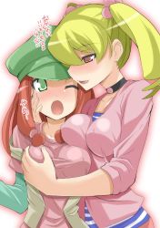 2girls bad_id bad_pixiv_id blonde_hair blush breasts brown_eyes brown_hair chicago-x choker digimon digimon_xros_wars digimon_xros_wars:_toki_wo_kakeru_shounen_hunter-tachi embarrassed grabbing grabbing_another&#039;s_breast green_eyes hair_bobbles hair_ornament hat kaoru_(digimon) multiple_girls one_eye_closed red_hair shirt sleeves_pushed_up striped_clothes striped_shirt suzaki_airu translation_request twintails yuri rating:Questionable score:41 user:danbooru