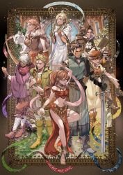  4boys 4girls ahoge alfyn_greengrass anklet arm_up ascot bag bandaged_arm bandaged_leg bandages belt between_breasts black_gloves black_hair blonde_hair blue_brooch blue_eyes blurry blurry_background book book_stack boots bottle bow_(weapon) bowl bracelet braid breasts brooch brown_bag brown_belt brown_cloak brown_dress brown_eyes brown_footwear brown_gloves brown_hair brown_hat brown_pants brown_vest buckle cape cloak closed_mouth coin covered_navel crop_top crossed_legs crown cuffs cyrus_albright dancer dancing dark-skinned_male dark_skin dress earrings elbow_gloves english_text feather_earrings feathers floating_crown full_body fur-trimmed_gloves fur_cape fur_trim gloves gold_anklet gold_bracelet gold_footwear gold_necklace gold_trim green_eyes green_jacket green_tunic h&#039;aanit_(octopath_traveler) hair_behind_ear hair_between_eyes hair_over_one_eye hair_slicked_back hairband hands_up hat hat_feather highres holding holding_book holding_bowl holding_staff holding_sword holding_weapon jacket jewelry knee_boots long_hair long_sleeves looking_ahead looking_up midriff mixed-language_commentary mole mole_under_mouth mortar_(bowl) multiple_boys multiple_girls navel necklace octopath_traveler octopath_traveler_i off_shoulder olberic_eisenberg open_book open_mouth ophilia_clement outstretched_arm pants parted_bangs parted_lips pestle pink_hairband planted planted_sword planted_weapon ponytail primrose_azelhart puffy_short_sleeves puffy_sleeves purple_shawl red_scarf red_shirt red_skirt sandals scarf serious shackles shawl sheath shirt shoes short_hair short_sleeves shoulder_bag side_slit sitting skirt sleeveless sleeveless_dress smile snow_leopard staff standing standing_on_one_leg strap_between_breasts sword therion_(octopath_traveler) thigh_strap tiptoes toes tressa_colzione vest weapon white_ascot white_cape white_dress white_hair white_pants white_shirt yellow_dress yellow_eyes yuu_(arcadia) 