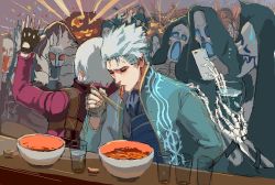  1girl 2boys a673135293 anger_vein bat_(animal) blue_coat blush blush_stickers bone bowl brown_gloves chair cheering chopsticks coat confetti crowd cup dante_(devil_may_cry) demon devil_may_cry_(series) devil_may_cry_3 eating closed_eyes fingerless_gloves flying_sweatdrops food frown gloves hand_on_shoulder holding holding_chopsticks holding_cup holding_phone hood hood_up indoors monster_girl multiple_boys nevan noodles open_mouth orange_hair phone red_coat sitting skeleton smile spicy standing sweat sweatdrop table vergil_(devil_may_cry) water waving white_hair 