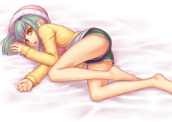  1girl :o aqua_hair ass barefoot bed blue_panties casual child dutch_angle feet flat_chest from_above fujimutsu green_eyes green_hair hair_ornament hat legs luca_(yu-gi-oh!) lying matching_hair/eyes on_side open_clothes open_mouth open_shirt panties pantyshot shirt short_shorts short_twintails shorts sidelocks solo timeskip twintails underwear upshorts upskirt yellow_eyes yu-gi-oh! yu-gi-oh!_5d&#039;s  rating:Questionable score:51 user:UnknownPervert