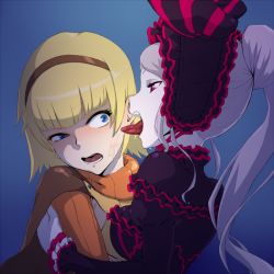 2girls arche_eeb_rile_furt blonde_hair blue_eyes blunt_bangs blush bow breast_press breasts colored_skin commentary_request dress eyelashes fang fangs frilled_dress frills gothic_lolita hairband half-closed_eyes hand_on_another&#039;s_shoulder juliet_sleeves lolita_fashion long_hair long_sleeves medium_breasts multiple_girls nkds-san open_mouth overlord_(maruyama) pale_skin ponytail puffy_sleeves scared shalltear_bloodfallen short_hair silver_hair smile striped striped_bow tears tongue tongue_out upper_body vampire white_skin yuri rating:Sensitive score:99 user:danbooru