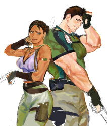  123456dyom 1boy 1girl absurdres black_hair breasts chris_redfield dark-skinned_female dark_skin earrings green_shirt grey_pants gun highres holding holding_gun holding_weapon jewelry large_pectorals looking_at_another medium_breasts muscular muscular_male one_eye_closed pants pectorals resident_evil resident_evil_5 sheva_alomar shirt short_hair smile weapon 