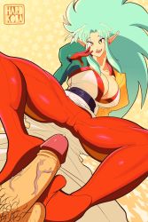  1girl breasts dress earrings footjob footjob_with_legwear gloves green_hair hair_intakes hardkoba highres jewelry large_breasts open_mouth penis puffy_sleeves raised_eyebrows red_gloves red_legwear ryouko_(tenchi_muyou!) sidelocks solo spiked_hair tenchi_muyou! thick_thighs thighs uncensored white_dress yellow_background yellow_eyes  rating:Explicit score:15 user:Gthot