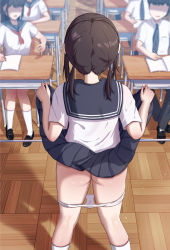  2boys 3girls absurdres ass back black_hair blue_necktie blue_skirt chair check_commentary classroom clothes_lift commentary_request desk exhibitionism faceless faceless_male facing_away feet_out_of_frame from_behind highres holding holding_pen indoors kneepits legs lifting_own_clothes multiple_boys multiple_girls nape neckerchief necktie open_mouth original panties panty_pull pen public_indecency pussy_juice red_neckerchief school school_chair school_desk school_uniform serafuku short_hair short_twintails sitting skirt skirt_lift socks stained_panties surprised twintails umidariku underwear white_panties white_socks wooden_floor  rating:Explicit score:431 user:danbooru