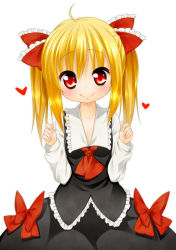  1girl adapted_costume alternate_hairstyle bad_id bad_pixiv_id blonde_hair bow embodiment_of_scarlet_devil face female_focus hair_bow heart jigatei_(omijin) looking_at_viewer red_eyes rumia short_hair simple_background solo touhou  rating:Sensitive score:10 user:danbooru