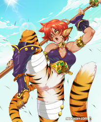  1girl animal_ears breasts breath_of_fire breath_of_fire_ii bustier cat_ears cat_tail cleavage cleft_of_venus closed_mouth facial_mark furry furry_female gloves green_eyes looking_at_viewer neolucky no_panties no_pants orange_hair pointy_ears pussy rinpoo_chuan short_hair simple_background solo staff tail third-party_edit weapon white_background  rating:Explicit score:47 user:GiovanniHunter