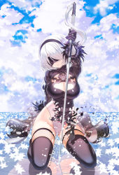  1girl arm_behind_back artist_name blindfold bow breasts censored chun_(friendly_sky) cleavage cleavage_cutout clothing_cutout dated day dress expressionless flower full_body glowing hair_bow head_tilt highres holding holding_sword holding_weapon kneeling large_breasts leotard long_sleeves mole mole_under_mouth mosaic_censoring nier_(series) nier:automata outdoors reflection reflective_floor short_hair skindentation sky sword thigh_strap thighhighs thighs torn_clothes torn_dress weapon white_hair white_leotard 2b_(nier:automata) 