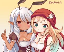 2girls :o antennae asymmetrical_docking bad_id bad_pixiv_id bandana between_breasts blonde_hair blush bodice breast_press breast_rest breasts choker cross-laced_clothes dark-skinned_female dark_skin fish_pendant gold_pirate_(p&amp;d) gradient_background green_eyes head_scarf index_finger_raised jewelry lace-up long_hair looking_at_viewer mashiro_miru multiple_girls necklace pendant pointy_ears puffy_short_sleeves puffy_sleeves puzzle_&amp;_dragons red_eyes short_sleeves sleeveless smile swept_bangs twitter_username underbust upper_body white_hair winged_hat yellow_background yellow_fairy_(p&amp;d) rating:Sensitive score:10 user:danbooru