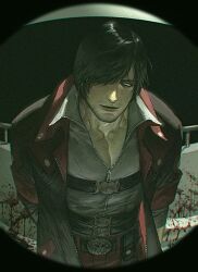  1boy alternate_color bishounen black_hair blue_eyes capcom chomuun coat dante_(devil_may_cry) devil_may_cry devil_may_cry_(series) devil_may_cry_4 facial_hair hair_over_one_eye highres holding lips looking_at_viewer male_focus mature_male muscular muscular_male nose parted_lips pectorals realistic smile still_life toned toned_male upper_body 