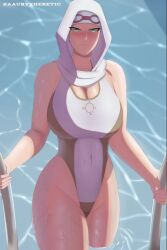  1girl aauryxheretic breasts cleavage curvy darkest_dungeon facing_viewer goggles goggles_on_head green_eyes hijab huge_breasts looking_at_viewer one-piece_swimsuit partially_submerged pool solo straight-on swimsuit tagme thick_thighs thighs vestal_(darkest_dungeon) wet white_one-piece_swimsuit wide_hips  rating:Sensitive score:4 user:jarien21