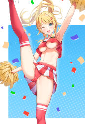  1girl absurdres ahoge arm_up armpits bare_shoulders blonde_hair blue_background blue_eyes blush breasts commentary_request confetti crop_top fujinomiya_rio hachimiya_meguru highres holding holding_pom_poms idolmaster idolmaster_shiny_colors large_breasts leg_up long_hair looking_at_viewer multicolored_background navel one_eye_closed open_mouth panties polka_dot polka_dot_background pom_pom_(cheerleading) pom_poms ponytail red_panties red_shirt red_skirt red_thighhighs shirt skirt smile solo split standing standing_on_one_leg standing_split sweat thighhighs thighs two-tone_background underboob underwear white_background 