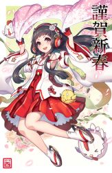  &gt;_&lt; 1girl 2017 bird black_hair blush brown_eyes chick chicken chinese_zodiac closed_eyes detached_sleeves floating_hair floral_background gloves hakama hakama_short_skirt hakama_skirt half_gloves happy_new_year headphones high-waist_skirt holding japanese_clothes long_hair looking_at_viewer maedeup mechanical nengajou new_year nidy nontraditional_miko open_mouth original petals petticoat pleated_skirt red_gloves red_skirt sandals skirt smile socks solo tabi teeth white_background white_socks wide_sleeves year_of_the_rooster 