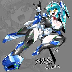  1girl android aqua_hair armor arnetes blush breastplate breasts colored_skin covered_navel curvy detached_collar fang full_body high_ponytail highleg highleg_leotard huge_breasts impossible_clothes joints kouichi_(kouichi-129) legs_apart leotard long_hair looking_at_viewer mecha_musume mechanical_arms mechanical_hair motion_lines narrow_waist no_humans open_mouth ponytail robot_girl robot_joints see-through see-through_leotard shiny_skin skin_fang smile solo taimanin_(series) taimanin_rpgx thong_leotard title translation_request white_skin wide_hips yellow_eyes zoom_layer 