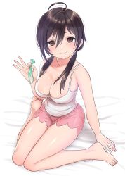 1girl absurdres ahoge bare_arms bare_legs bare_shoulders barefoot black_hair breasts brown_eyes cleavage closed_mouth collarbone colored_condom condom cum dot_nose hand_up highres holding holding_condom large_breasts long_hair looking_at_viewer low_twintails original pink_shorts puchiman shorts sitting smile solo tank_top twintails used_condom wariza white_tank_top rating:Explicit score:31 user:danbooru